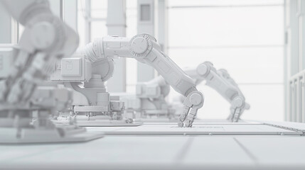 Abstract 3D futuristic innovation white robot arm production in factory.