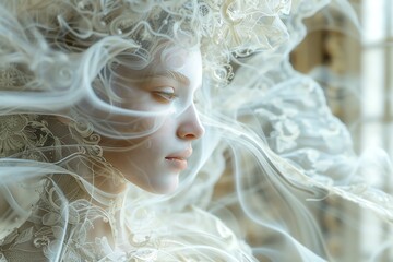 Opera reimagined image of an opera singer in elaborate 3D digital costume, selective focus, classic modern mix theme, ethereal, Overlay, opera house