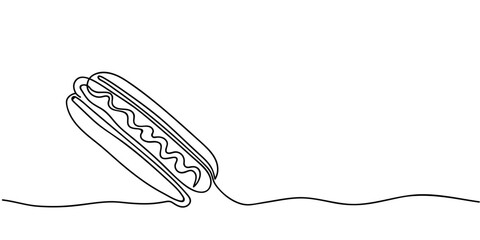 Continuous one line drawing of Hot Dog. Banner for cafe or fast food takeaway in simple linear style. Vector illustration in doodle style.