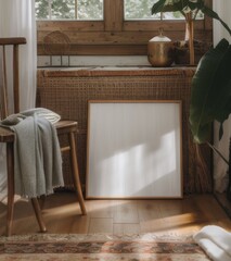 A large, blank white canvas mockup in an elegant wooden frame is displayed on the floor of a cozy Scandinavianstyle home interior with wicker furniture