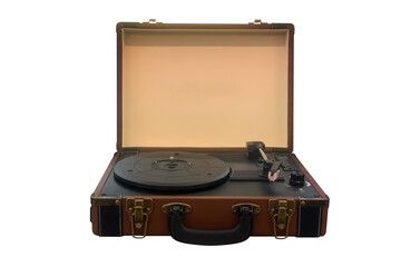 vintage vinyl record player in suitcase isolated on a white background