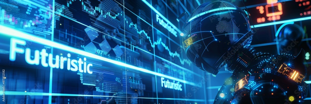 Poster trading robots or automated software for the financial stock market, mixed digital 3d illustration a