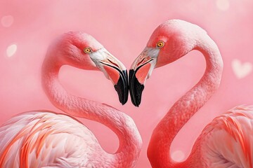 two flamingos forming a heart on a pink background, romantic