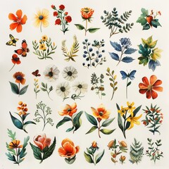 Vintage Botanical Illustration Collection with Assorted Flowers and Butterflies.