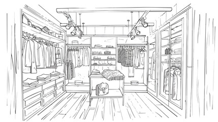 Outline drawing of clothing boutique interior with fu