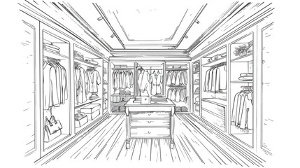 Outline drawing of clothing boutique interior with fu