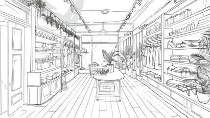 Outline drawing of fashionable clothing shop interior