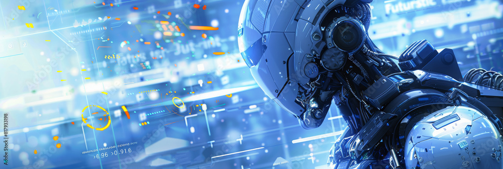 Fototapete The design uses glossy futuristic robots with sci-fi overlays and copy space for ideas about artificial intelligence in automated software with mixed digital 3D illustrations and matte paintings.