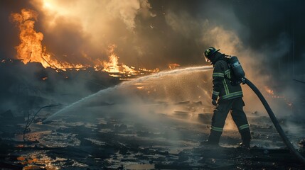Obraz premium Firefighter Using a Hose: At the site of a fire, a firefighter operates a high-pressure hose, directing a powerful stream of water to extinguish the blaze