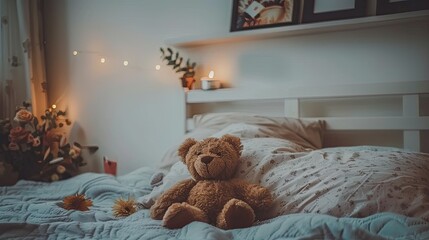 an elegant bedroom, featuring a small teddy bear resting on the bed amidst framed pictures and a white bedside table, illuminated by natural light streaming through two windows. - Powered by Adobe