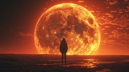A person is standing in front of a full moon in the night sky, casting a silhouette against the bright orb