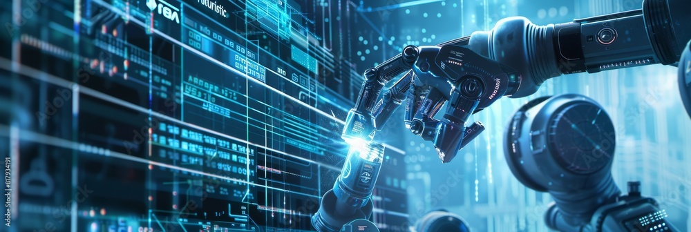 Poster Using IOT to control robot arm operations in smart industry automation manufacturing, with mixed digital and matte painting in 3D