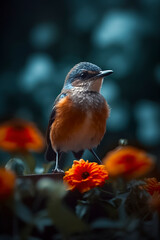 A bird with blue and orange feathers stands amidst vibrant red flowers, under a soft, dark, and blurred background