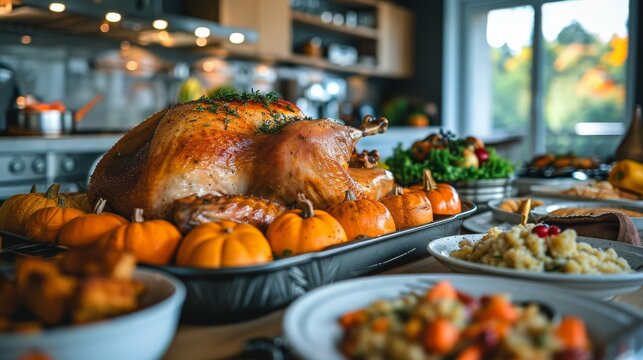 A plump, golden-brown turkey is displayed on a kitchen table, ready to be served for a festive Thanksgiving meal