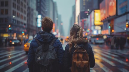 Two people leisurely walking hand in hand down a bustling street in New York City, surrounded by...