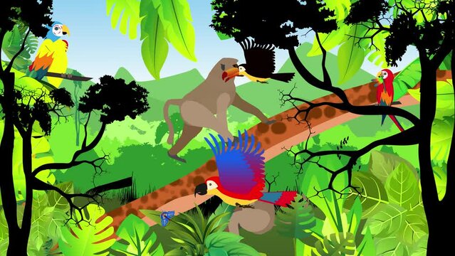 Jungle animation baboon walking on tree cartoon