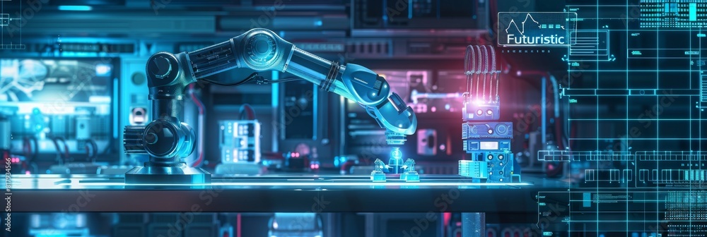 Poster Automated robot arm systems for factories. Created digitally and not based on actual scenes or references.