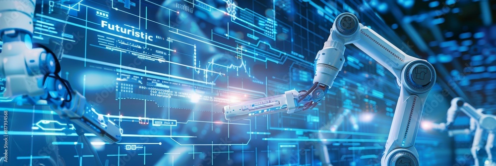 Poster Robotic arms software for factories using IOT. Digitally generated 3D rendering and not based on any actual scene or reference.