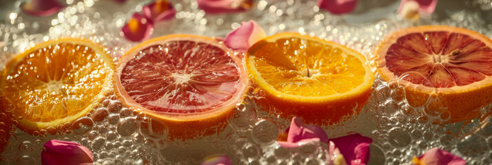 Vibrant Orange and Grapefruit Slices in Sparkling Water with Petal Accents