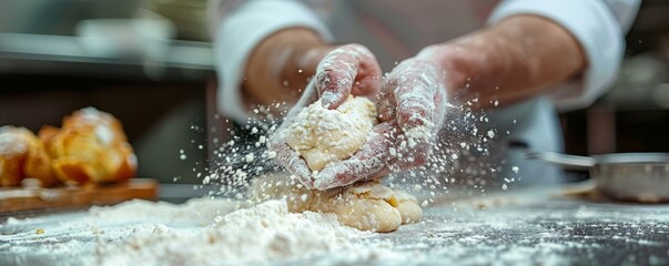 A chef pouring a rich, dark chocolate sauce onto a decadent dessert with a flourish