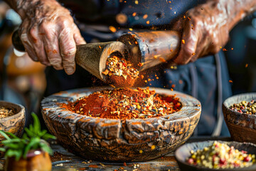 Hands Grinding Spices in Wooden Mortar, Seasoning Preparation Closeup