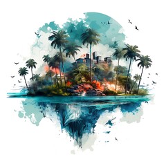 Tropical island with palm trees on watercolor background. Vector illustration.