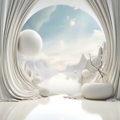 Winter landscape with white curtain and snowflakes. 3d render