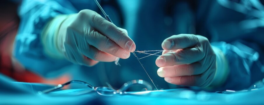 A close-up of a surgeon performing a minimally invasive procedure using a robotic arm with surgical tools