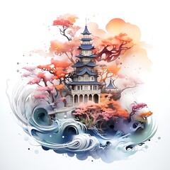 Fantasy landscape with mountains, trees and sea. Digital illustration.