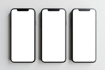 Flat lay of three smartphones with white blank screens mockup on white background. Top view of three smartphones business infographic mockups of web site or design app.