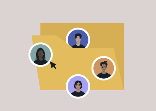 A digital illustration featuring diverse avatars organized within and around a yellow folder, with a mouse cursor pointing to one, on a minimalistic pale background