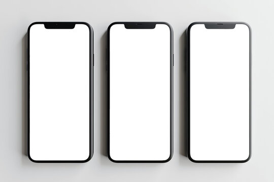 Flat lay of three smartphones with white blank screens mockup on white background. Top view of three smartphones business infographic mockups of web site or design app.