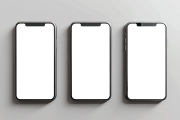 Flat lay of three smartphones with white blank screens mockup on light grey background. Top view of three smartphones business infographic mockups of web site or design app.