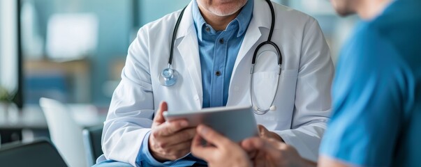 doctor and patient in a consultation room, reviewing medical records and discussing treatment options on a tablet