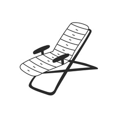Chaise lounge line doodle illustration. Beach relax sunbathe outline furniture chair vector icon. Summer vacation and holidays symbol. Isolated on white background.
