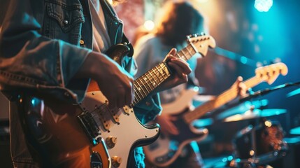 Naklejka premium A vibrant group of individuals immersed in music, strumming guitars and creating a symphony of sound at a lively concert