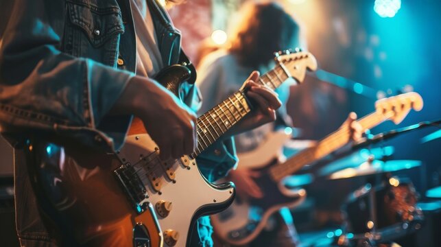 A vibrant group of individuals immersed in music, strumming guitars and creating a symphony of sound at a lively concert