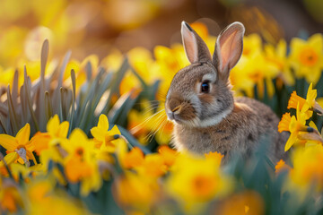 Fototapeta premium Adorable Rabbit Surrounded by Vibrant Yellow Daffodils in Spring Garden with Sunlight