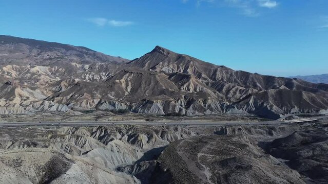 Tabernas Desert Badlands road in Almeria aerial view