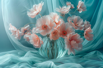 Elegant Floral Arrangement of Soft Pink Poppies in Translucent Vase with Flowing Sheer Fabrics