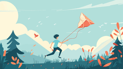 Person running forward with air kite flying holding illustration