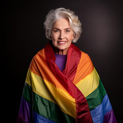 Portrait of a older white hair woman wrapped in a pride rainbow flag