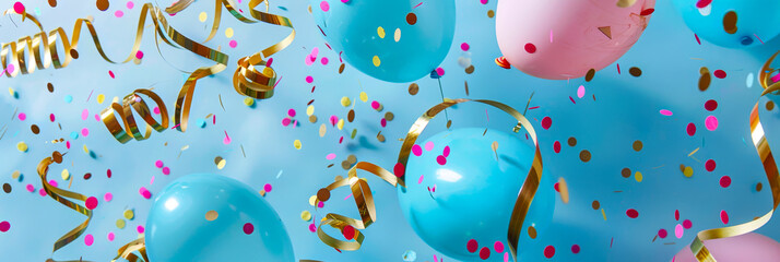 Festive Party Background with Colorful Balloons, Confetti, and Streamers on Blue