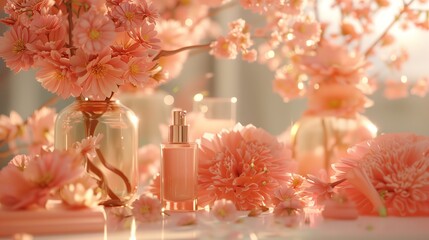 A bottle of perfume surrounded by blooming flowers.