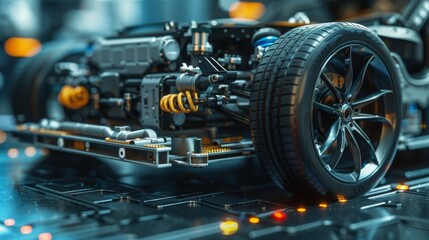 Obraz premium A car engine is shown in a futuristic setting