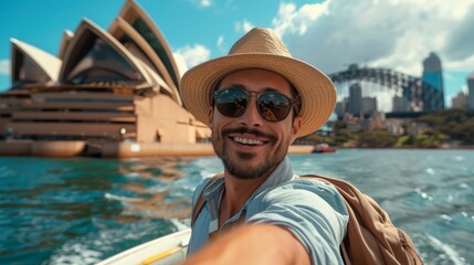 A man poses for a selfie in front of the iconic Sydney Opera House, capturing a memorable moment against the backdrop of the architectural marvel