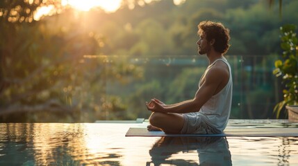 A man peacefully practices meditation in front of a serene pool, connecting mind and body in a tranquil setting under the evening sky
