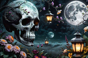 A gloomy night with a big moon, a skull and flowers.