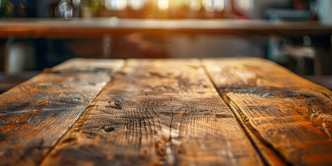 Naklejka premium Rustic Wooden Table Surface with Warm Sunlight in Cozy Cafe Setting