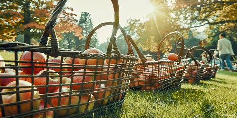 Fresh Apple Harvest in Baskets at Sunlit Orchard during Autumn Season